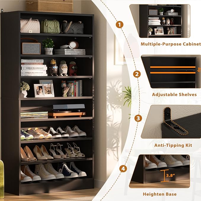 Homieasy Tall Shoe Cabinet, 9-Tier Wood Shoe Rack Organizer Cabinet for Closet, Freestanding Shoe Storage Cabinet with Adjustable Shelves for Entryway, Bedroom, Black