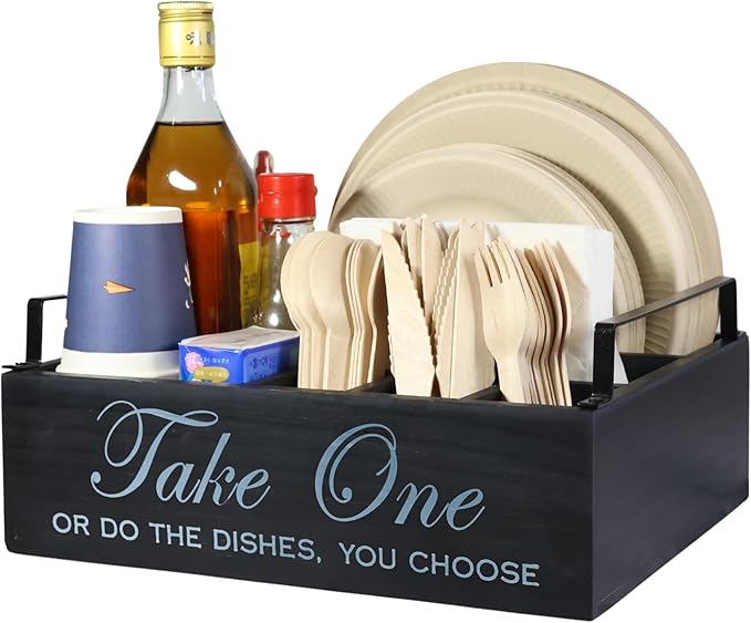 Paper Plate Holder Utensil Caddy Organizer - Rustic Wood Disposable Plate Dispenser with Handles for Cups, Forks, Spoons, Napkins and Silverware Holders (handle paper plate holder)