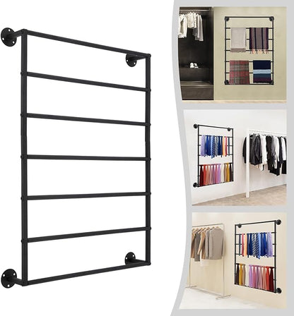 Wall Mounted Display Rack, 7-Tier Wall Mounted Scarf Rack, Black Towels Storage Rack, Wrapping Paper Ribbon Organizer, Metal Wall Display Rack for Bedroom, Retail Store, Flower Shop