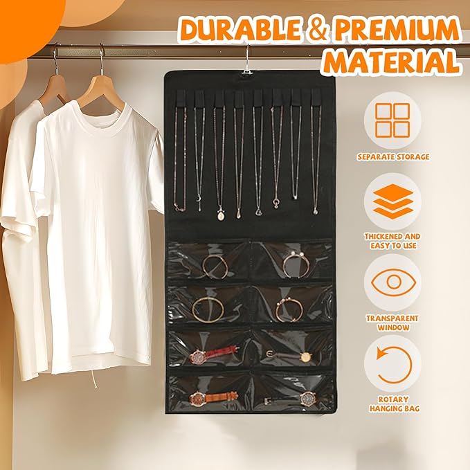 48 Pockets Hanging Jewelry Organizer with Necklace Straps, Double-Sided Black Closet Jewelry Holder for Space-Saving Storage of Earrings, Bracelets & Necklaces