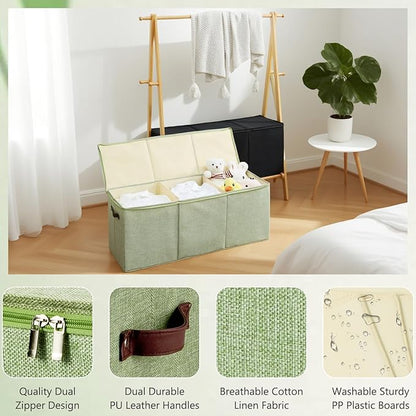 Extra Large Storage Box with Zippered Lid 130L Jumbo Chest Basket Bin Collapsible Lidded Sturdy Organizer with Dividers PU Leather Handles for Clothes Bedding Set Home Closet (Light Green)