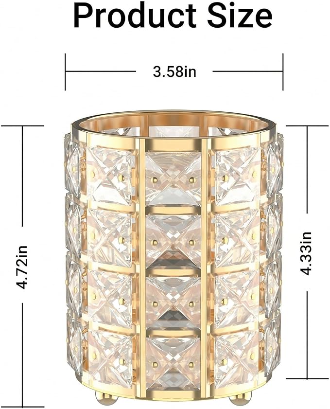 LUGUNU Makeup Brush Holder with Golden Crystal Bling – Elegant Vanity Organizer for Brushes, Pens & Pencils, Ideal for Bathroom or Office Countertop(2Pack)