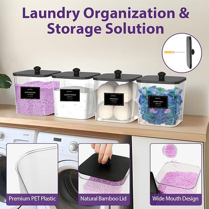 COAZEX 4 Pack Clear Laundry Pods Container, Plastic Square Laundry Room Organization and Storage Jars with Black Lids, Scoops & Labels for Detergent, Powder, Dryer Balls