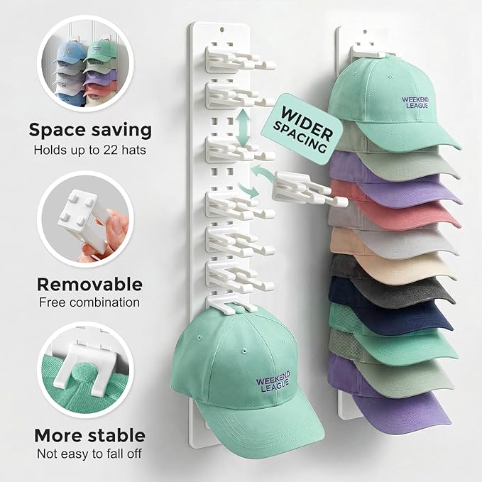 2 Pack Hat Organizer for Baseball Caps,Detachable DIY Hat Rack for Wall Hold Up to 22 Hats,Baseball Cap Organizer Cap Holder Hat Hangers for Wall Closet Door Bedroom(1A-White)