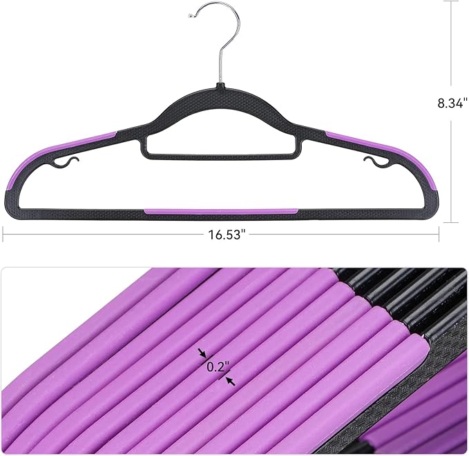 Tonswachic Pack of 50 Coat Hangers, Space-Saving Plastic Clothes Hangers, Non-Slip, 0.2 Inches Slim, 360° Swivel Silver Hook for Shirts, Pants, Suit & Wet/Dry Garments, Purple and Black