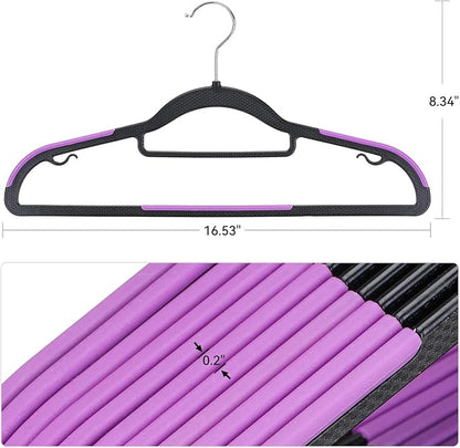 Tonswachic Pack of 50 Coat Hangers, Space-Saving Plastic Clothes Hangers, Non-Slip, 0.2 Inches Slim, 360° Swivel Silver Hook for Shirts, Pants, Suit & Wet/Dry Garments, Purple and Black