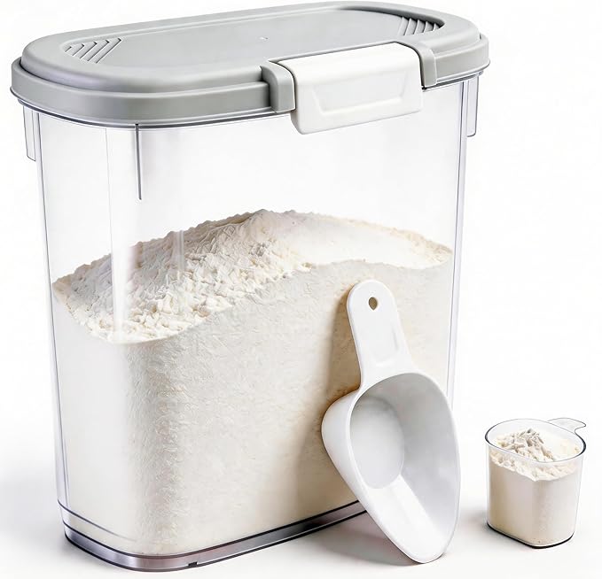 Gray White Rice Storage Container 15-20 Lbs, Tall Flour Container with Scoop + Cup - Slim Dry Food Storage Bin for Cereal, Sugar, Beans, Pet, Dog, Cat Food - Kitchen and Pantry Storage Organization
