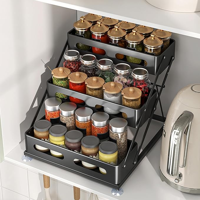 Ceetug 3 Tier Foldable Spice Rack for Countertop Iron Kitchen Seasoning Organizer for Cabinet, Black