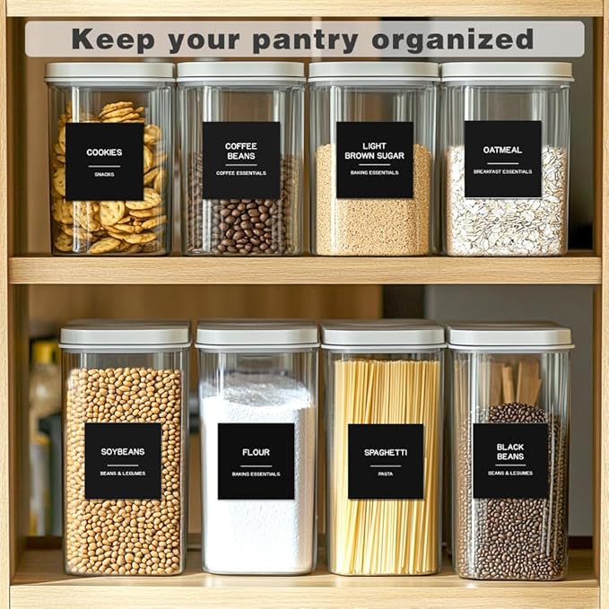 288 Pantry Labels for Food Containers, Black Preprinted Minimalist Waterproof Stickers for Organizing Storage Bins, Jars and Kitchen
