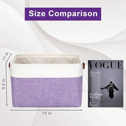 Bagnizer Storage Bins Large Fabric Storage Baskets for Shelves 3 Pack, Decorative Linen Closet Baskets with Handles for Organizing, Shelf, Clothes, Home, Office, 15x11x9.5Inches (Purple&White)