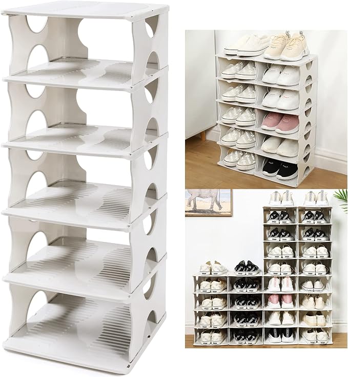 6-Tier Shoe Rack,Stackable Shoe Storage Organizer for Bedroom Entryway, Adjustable Shoe Rack,Shoe Slots Organizer Shelf, Easy Clean Shoe Tower Rack,White