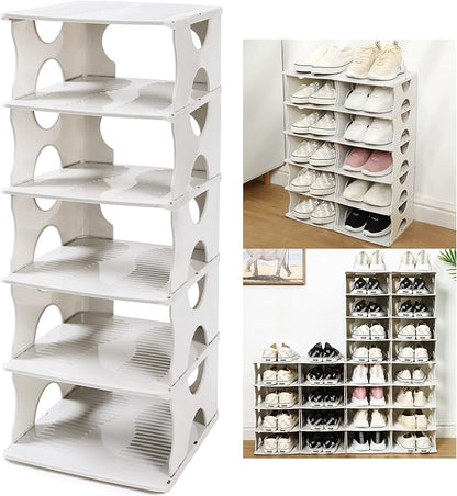 6-Tier Shoe Rack,Stackable Shoe Storage Organizer for Bedroom Entryway, Adjustable Shoe Rack,Shoe Slots Organizer Shelf, Easy Clean Shoe Tower Rack,White