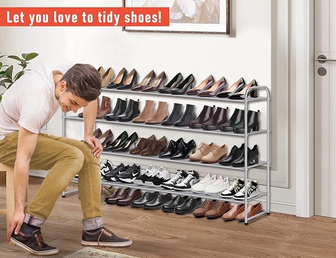 MISSLO 4 Tier Long Shoe Organizer for Closet Shoe Rack for Bedroom Closet Floor Shoe Shelf for Entryway Storage Stackable Wide Shoe Shelf Stores 30 Pairs of Men Sneakers, Grey