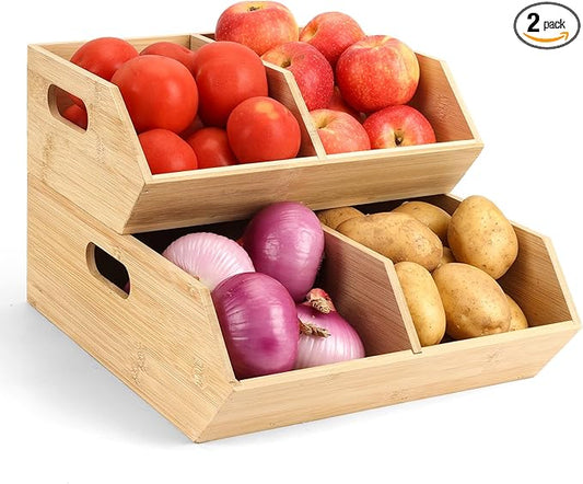 2 Set Pantry Organizers and Storage Bins, Bamboo Stackable Baskets for Potatoes, Onion, Bread, Vegetables - Bamboo Pantry Organizer Containers for Drawer, Cabinet, Countertop