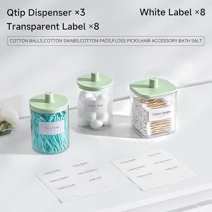 3 Pack Glass Qtip Holder Dispenser- 10 oz Clear Canister Apothecary Jar, Bathroom Vanity Storage Organizer Set for Cotton Swabs, Pads, Floss Picks, Small Containers for Makeup Storage (Green)