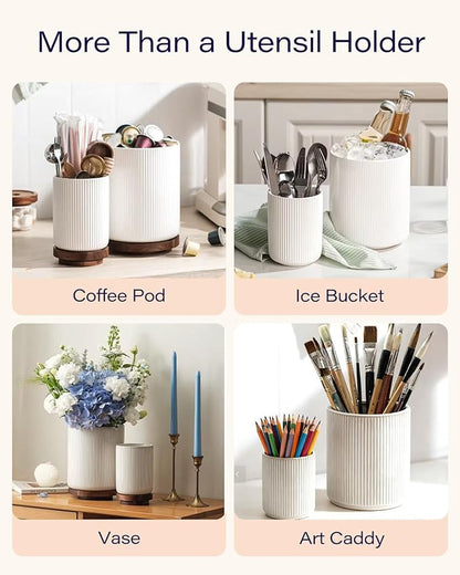 getstar Large Rotating Utensil Holder for Kitchen Counter,7.2"+5.4" Ceramic Utensils Crocks Set for Countertop Large & Small Utensil Organizer for Spatula Farmhouse Kitchen Decor