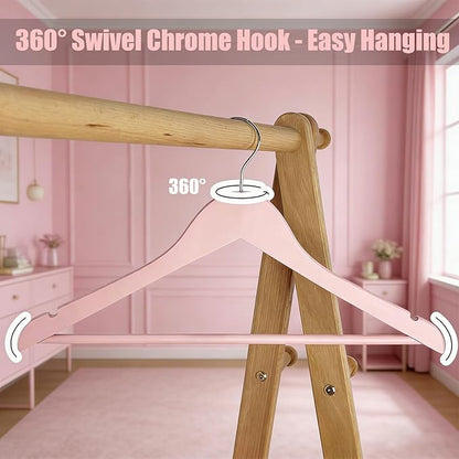 20 Pack Cherry Pink Slim Wood Hangers, Anti-Slip 360° Swivel Space Saving Hangers, Smooth Finish for Women Kids Dress Shirt Coat Closet