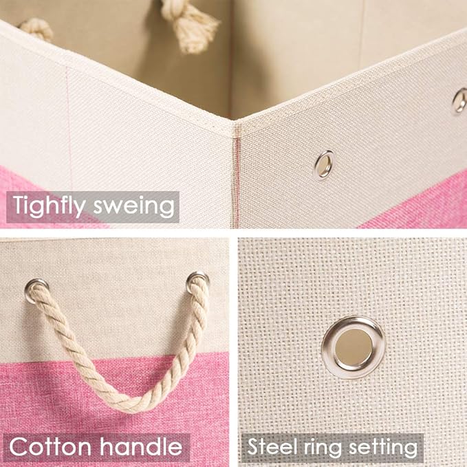 PRANDOM Large Foldable Cube Storage Bins 13x13 inch [4-Pack] Fabric Linen Storage Baskets Cubes Drawer with Cotton Handles Organizer for Shelves Nursery Closet Bedroom Pink