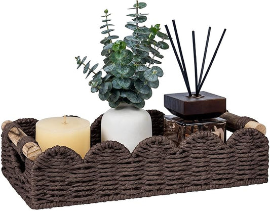 CubesLand Bathroom Basket Organizer w/Cut Out Handle, Back of Toilet Paper Storage Baskets for Bathroom Countertop Decorative, Small Scalloped Wicker Basket Also for Home Decor, Living Room, Brown