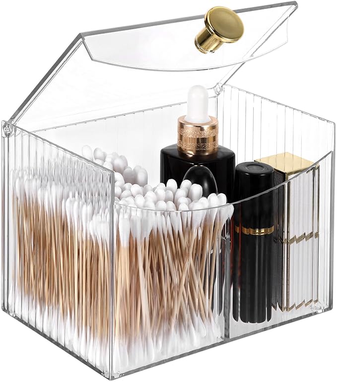 2-Grid Qtip Holder Dispenser,Transparent Cotton Ball Holder,Clear Bathroom Organizer with Lid Guest Bathroom Essentials for Cotton Swabs and Balls Container Cosmetics Storage for Vanity