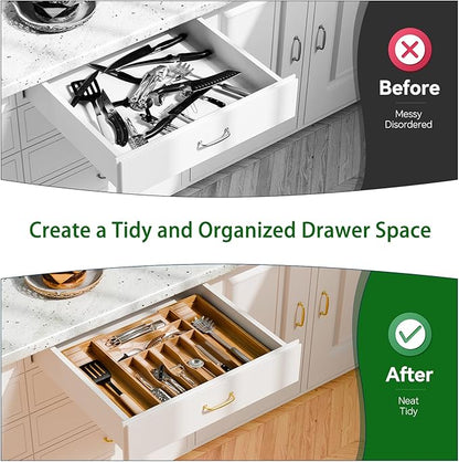Simple Trending Bamboo Kitchen Drawer Organizer, Expandable Silverware Organizer, Utensil Cutlery Tray for Flatware, Natural