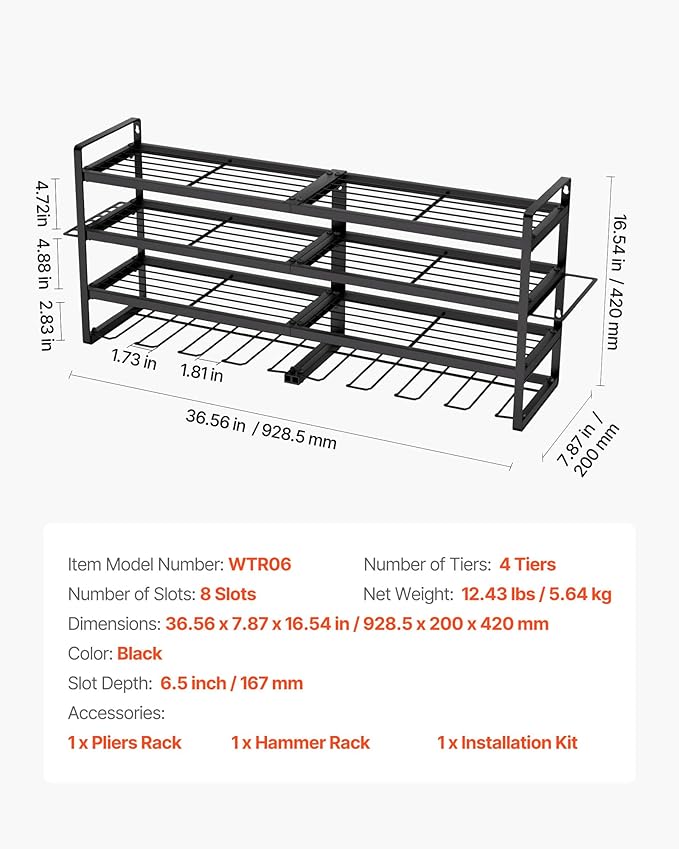 VEVOR Power Tool Organizer Wall Mount, 4-Layer Storage Rack with 8 Drill Holders, Tools Holder and Storage Rack with Screwdriver Holder, Garage Tool Organizer for Garage, Workbench, and Workshop