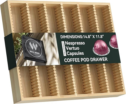 for Nespresso Vertuo Capsules - Premium Bamboo Coffee Pod Drawer Insert Organizer for Counter (48 Big or 60 Small Pods)-14.84" Wx11.81" Dx1.54" H