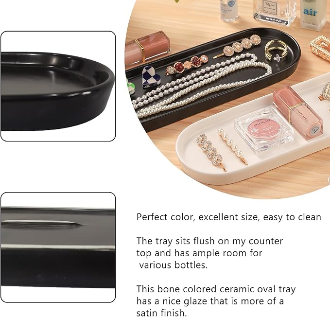 VanEnjoy White Oval Ceramic Tray for Bathroom Counter, Kitchen Counter, Nightstand - Sturdy, Glossy Finish, Dishwasher Safe