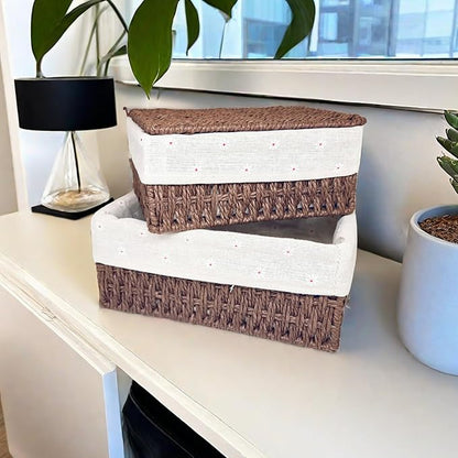 GIB Wicker Woven Storage Baskets with Lids Set of 3 Size, Decorative Paper Rope Small Nesting Baskets Removable Liner Container Bins for Shelves Pantry Table Keys Gifts Makeup Organizer, Brown