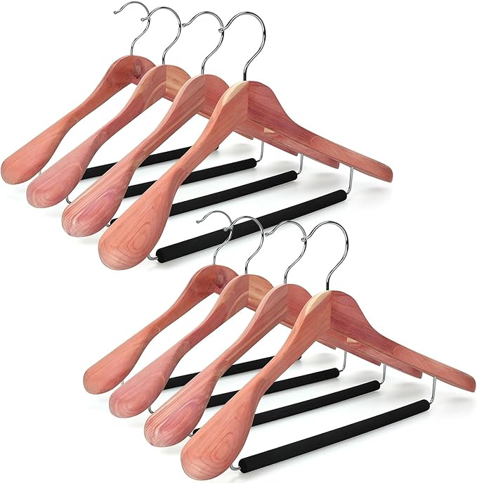 TOPIA HANGER American Red Cedar Wide Shoulder Wooden Hangers 8 Pack, Luxury Wood Suit Coat Hangers with Black Padded Pant Bar-360° Swivel Chrome Hook, Natural- CT07W-8