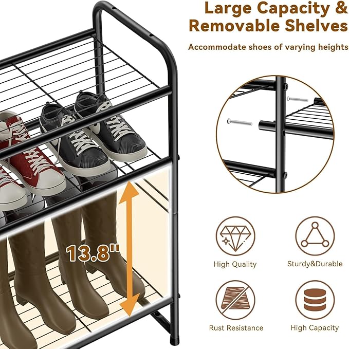 Standard Shoe Rack 4-Tier 32.5 Inches Wide, Free Standing Shoe Organizer for Indoor Outdoor | Adjustable Heavy-Duty Metal Shelf Ideal for Home Entryway Closet & Garage Balcony | Black
