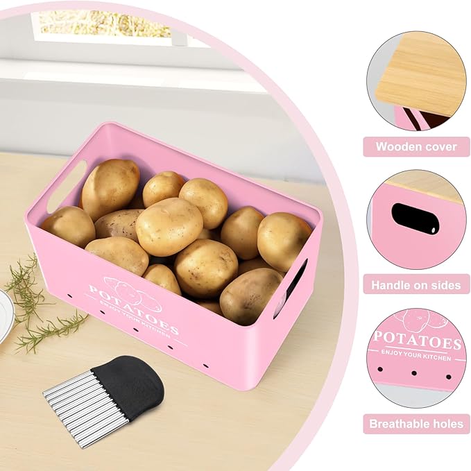 Kitchen Vegetable Storage Set of 3, Metal Onion Garlic Potato Storage Set, Kitchen Canisters Vegetable Keeper Containers with Aerating Holes and Wooden Lid (Pink)