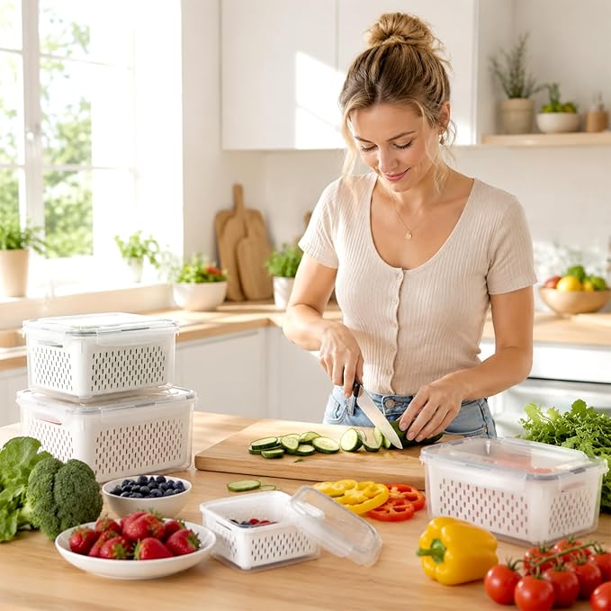 5 PCS Fruit Storage Containers for Fridge Berry Storage Containers Veggie Storage with Drain Tray BPA-Free Plastic Fruit Containers with Removable Colander Crisper for Long-Term Freshness