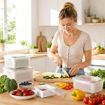 5 PCS Fruit Storage Containers for Fridge Berry Storage Containers Veggie Storage with Drain Tray BPA-Free Plastic Fruit Containers with Removable Colander Crisper for Long-Term Freshness