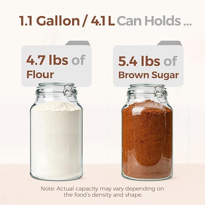 ComSaf 1.1 Gallon Glass Jars with Airtight Lids (138oz, Set of 2), 4-Inch Extra-Wide Mouth Heavy Duty Canisters for Bulk Flour, Sugar & Rice Storage, Ideal for Kombucha, Kimchi, Sauerkraut & Pickling