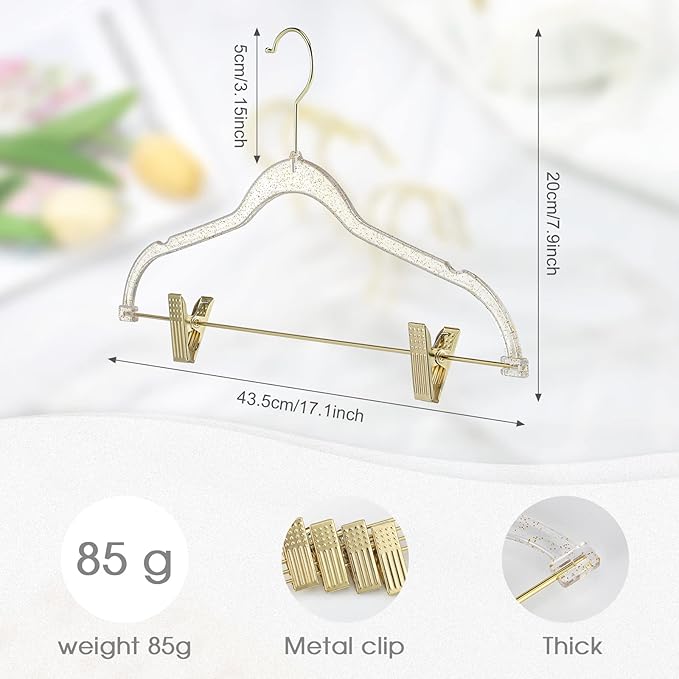 Hoolerry 10 Pcs Clear Gold Hangers with Clips Acrylic Glitter Hangers with Non Slip17 x 8 Inches Plastic Skirt Pants Storage and Organizer for Clothes Skirt Trousers Jeans(Gold)