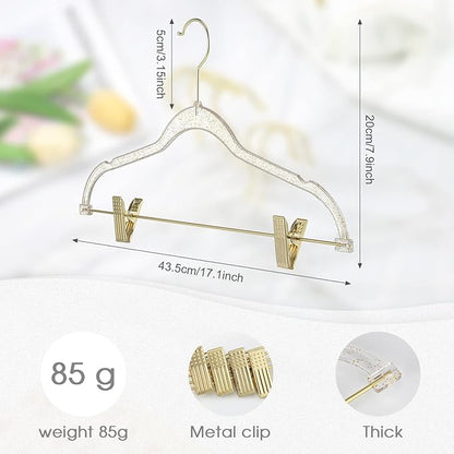 Hoolerry 10 Pcs Clear Gold Hangers with Clips Acrylic Glitter Hangers with Non Slip17 x 8 Inches Plastic Skirt Pants Storage and Organizer for Clothes Skirt Trousers Jeans(Gold)