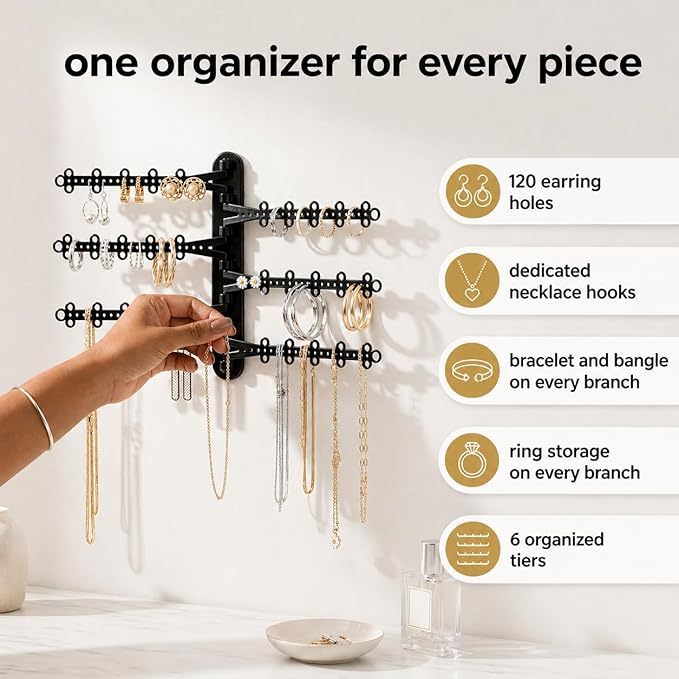 All Hung Up 6-Tier Wall Jewelry Organizer Wall Mounted Jewelry Organizer Necklace Holder Wall Mount Hanging Necklace Organizer Jewelry Hanger Hanging Earring Holder Organizer Display (Black)
