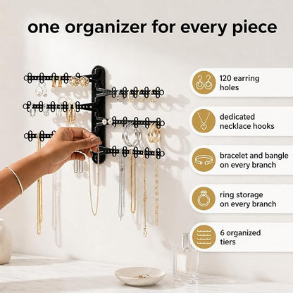 All Hung Up 6-Tier Wall Jewelry Organizer Wall Mounted Jewelry Organizer Necklace Holder Wall Mount Hanging Necklace Organizer Jewelry Hanger Hanging Earring Holder Organizer Display (Black)