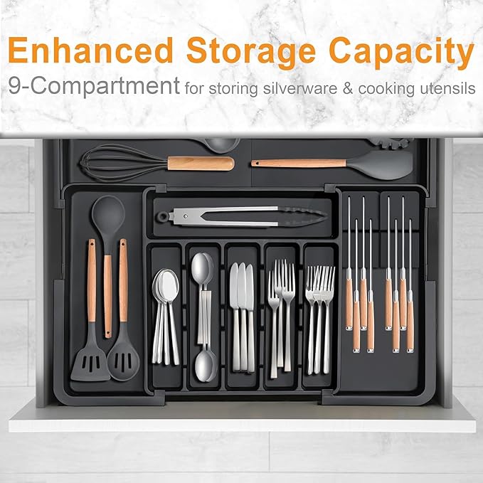 Silverware Organizer Expandable Utensil Drawer Organizer Adjustable Drawer Organizer, Flatware Cutlery Silverware Tray for Spoons Forks Knives Kitchen Organizers Storage (Black Plus)