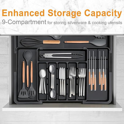 Silverware Organizer Expandable Utensil Drawer Organizer Adjustable Drawer Organizer, Flatware Cutlery Silverware Tray for Spoons Forks Knives Kitchen Organizers Storage (Black Plus)