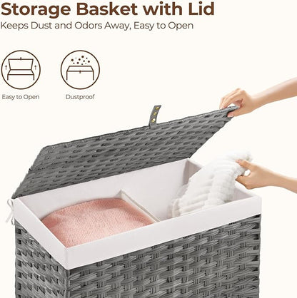 GREENSTELL Storage Basket with Lid, 17.2 Gallon(65L) Small Wicker Blanket Storage Basket with Handles, Foldable, 2 Removable Liner Bags, Metal Frame, for Bedroom, Laundry Room, Grey, 22.2"*13.4"*13.4"