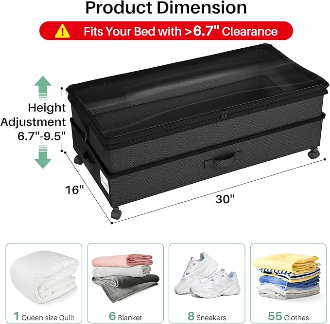 Kitstorack 2Pack Height-adjustable Under Bed Storage with Wheels, Under Bed Storage Containers,Under Bed Shoe Storage Organizer with Clear Window&Label, Suitable for Clothes Storage, Black