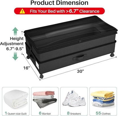 Kitstorack 4 Pack Height-adjustable Under Bed Storage with Wheels, Under Bed Storage Containers,Under Bed Shoe Storage Organizer with Clear Window&Label, Suitable for Clothes Storage, Black