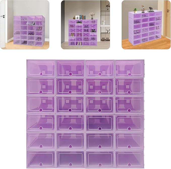 Shoe Storage Boxes Organizers, Clear Plastic Stackable 24 Pack, Shoe Rack & Holder Substitute, Sneaker Containers, Toy Storage Organizer Bins for Entryway, Closet, Under Bed, Purple