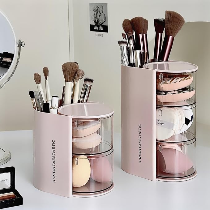 Clear Hair Accessories Organizer & Hair Brush Holder, Rotatable Makeup Brush Holder and Jewelry Storage Box for Hair Clips, Earrings, Necklaces, Rings and Bracelets (Pink, 3-Layer)