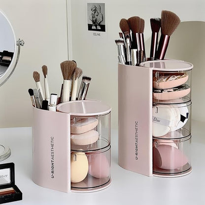 Clear Hair Accessories Organizer & Hair Brush Holder, Rotatable Makeup Brush Holder and Jewelry Storage Box for Hair Clips, Earrings, Necklaces, Rings and Bracelets (Pink, 3-Layer)