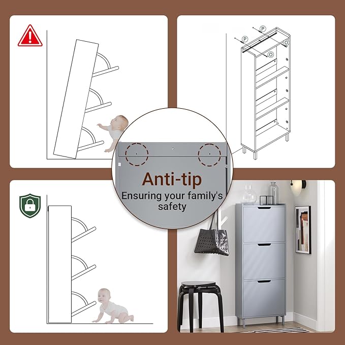 Haotian Slim Shoe Cabinet Entryway, Hidden Shoe Storage with Three Flip Drawers to Save Space, Freestanding Shoe Rack for Front Door, Entryway, Hallway Grey