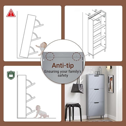 Haotian Slim Shoe Cabinet Entryway, Hidden Shoe Storage with Three Flip Drawers to Save Space, Freestanding Shoe Rack for Front Door, Entryway, Hallway Grey