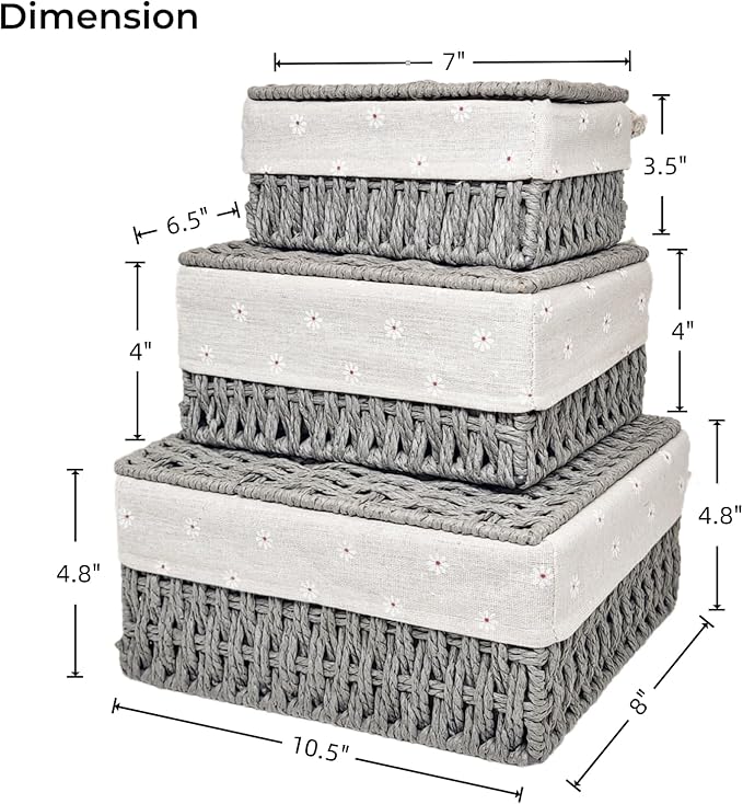 GIB Small Wicker Storage Baskets with Lids and Liner, Rectangular Paper Rope Woven Baskets for Organizing, Decorative Boxes Boho Decor for Shelves Table Desktop Makeup Organizer, Set of 3, Grey
